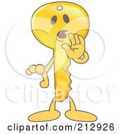 Royalty Free RF Clipart Illustration Of A Golden Key Mascot Character Whispering by Mascot Junction