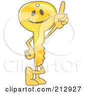 Royalty Free RF Clipart Illustration Of A Golden Key Mascot Character Pointing Upwards by Mascot Junction
