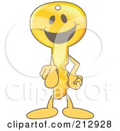 Royalty Free RF Clipart Illustration Of A Golden Key Mascot Character Pointing Outwards by Mascot Junction