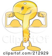 Royalty Free RF Clipart Illustration Of A Golden Key Mascot Character Flexing by Mascot Junction