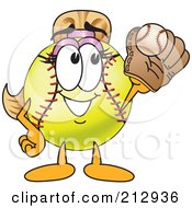 Girly Softball Mascot Character Catching A Ball In A Mitt