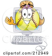 Girly Softball Mascot Character Waving From A Computer Screen