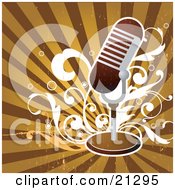 Poster, Art Print Of Retro Microphone On A Stand Over White Scrolls On A Striped Brown And Orange Background