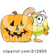 Poster, Art Print Of Girly Softball Mascot Character By A Halloween Pumpkin