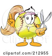 Girly Softball Mascot Character Holding Scissors