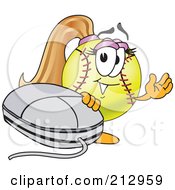 Poster, Art Print Of Girly Softball Mascot Character Waving By A Computer Mouse