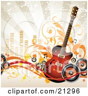 Acoustic Guitar With Music Notes And Radio Speakers Over A Grunge Background