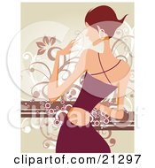 Clipart Illustration Of A Dancing Woman With Short Hair Wearing Hoop Earrings And A Fashionable Dress Against A Scrolled Background by OnFocusMedia