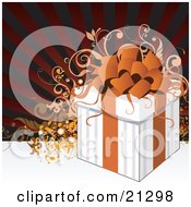 Poster, Art Print Of White Gift Box Tied With An Orange Ribbon And Bow Over A Scroll And Striped Background