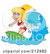 Poster, Art Print Of Happy Blond Woman Surfing A Wave