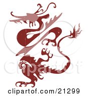 Clipart Illustration of a Grunge Red Silhouetted Dragon Creature by OnFocusMedia #COLLC21299-0049