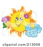 Poster, Art Print Of Summer Time Sun With A Cloud And Flowers