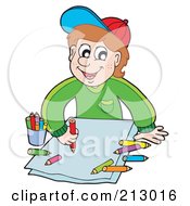Royalty Free RF Clipart Illustration Of A Little Boy Smiling And Coloring