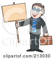 Royalty Free RF Clipart Illustration Of A Happy Businessman Holding A Blank Sign