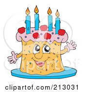 Poster, Art Print Of Happy Birthday Cake Character With Blue Candles
