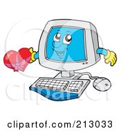 Poster, Art Print Of Happy Computer Character Holding A Heart