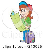 Poster, Art Print Of Happy Brunette Woman Traveler Holding A Map