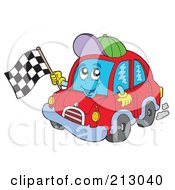 Poster, Art Print Of Red Car Character Waving A Checkered Flag