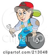 Poster, Art Print Of Friendly Mechanic Man Changing A Tire