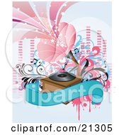 Clipart Illustration of a Retro Gramophone Radio Playing Loud Music From A Record On A Vinyl Player With A Blank Blue Banner And Music Notes by OnFocusMedia #COLLC21305-0049