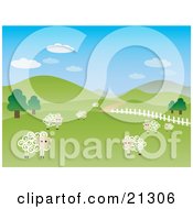 Clipart Illustration Of A Green Pasture Of Rolling Hills With Sheep Scattered On The Farmland And A White Fence Leading Along A Driveway