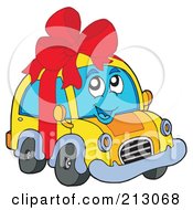Royalty Free RF Clipart Illustration Of A Yellow Car Character Wrapped In A Red Bow