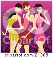 Clipart Illustration Of Three Beautiful Caucasian Women In Sexy Dresses Standing Over A Purple Scroll Background