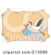 Poster, Art Print Of Stork Carrying A Baby Over Old Parchment Paper