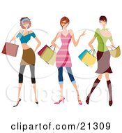 Poster, Art Print Of Three Young Sassy Caucasian Women Wearing Fashionable Clothes Carrying Shopping Bags And Purses And Shopping At The Mall