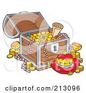 Treasure Chest With Golden Coins Pearls And A Crown