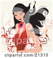 Clipart Illustration Of An Attractive Caucasian Woman With Blue Eyes Black Hair And A Butterfly Tattoo On Her Arm Wearing A Flower Necklace And A Low Cut Red Dress by OnFocusMedia