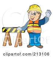 Construction Worker Waving And Standing By A Blocker Sign