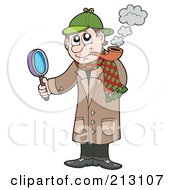Detective Smoking A Pipe And Holding A Magnifying Glass