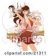 Clipart Illustration Of An Attractive Young Woman In A Short Orange Dress Holding Her Hands In The Air And Dancing by OnFocusMedia