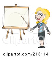 Royalty Free RF Clipart Illustration Of A Blond Businesswoman Pointing A Stick A At Blank Paper by visekart