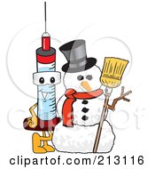 Medical Syringe Mascot Character By A Snowman