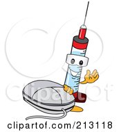 Medical Syringe Mascot Character By A Computer Mouse