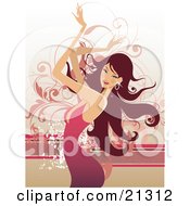 Clipart Illustration Of A Beautiful Caucasian Woman With Long Hair Wearing A Pink Dress And Moving Her Arms Above Her Head While Dancing by OnFocusMedia