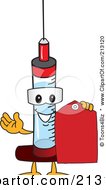 Medical Syringe Mascot Character Holding A Red Tag