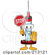 Medical Syringe Mascot Character Holding A Stop Sign