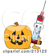 Medical Syringe Mascot Character By A Halloween Pumpkin