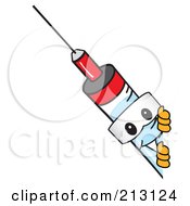 Medical Syringe Mascot Character Looking Around A Blank Sign