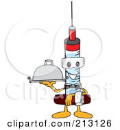 Medical Syringe Mascot Character Serving A Platter