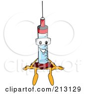Medical Syringe Mascot Character Sitting On A Ledge