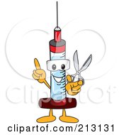 Medical Syringe Mascot Character Holding Scissors