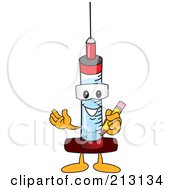 Medical Syringe Mascot Character Holding A Pencil