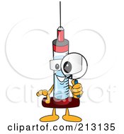 Medical Syringe Mascot Character Using A Magnifying Glass