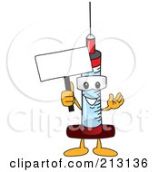 Medical Syringe Mascot Character Holding A Blank Sign