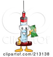 Medical Syringe Mascot Character Holding A Dollar