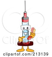 Medical Syringe Mascot Character Holding A Telephone